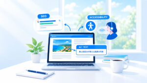 SEOとアクセシビリティに役立つ画像のalt属性を解説するイラスト